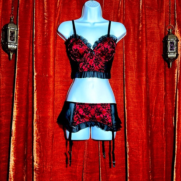 Lace red pinup mesh top and micro mini garter skirt set. Y2k era lip service XS